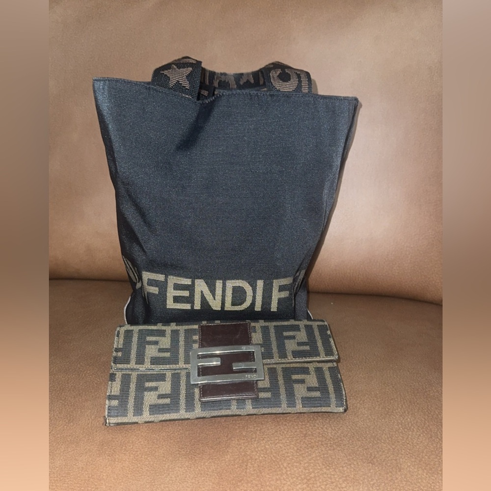 Fendi Black and Brown Nylon Bucket Bag and Logo Wallet Combo
